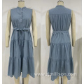 Sleeveless Waist Strap Pleated Design Shirt Dress